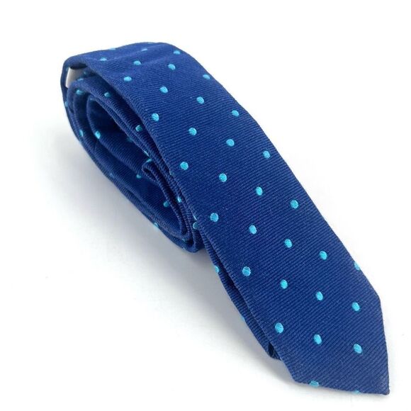 Co-op Mens Navy Blue with Mint Polka Dots Patterned Silk Skinny Necktie One Size - Picture 1 of 10
